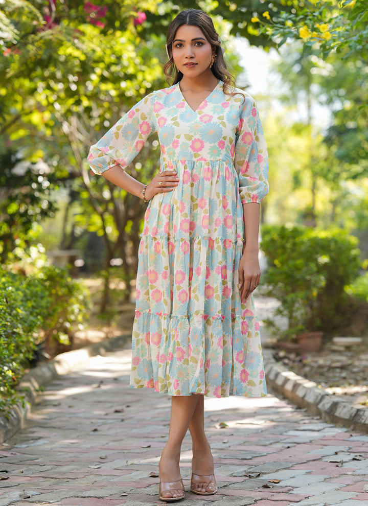 Cream Flower Printed Georgette Flair Midi Dress