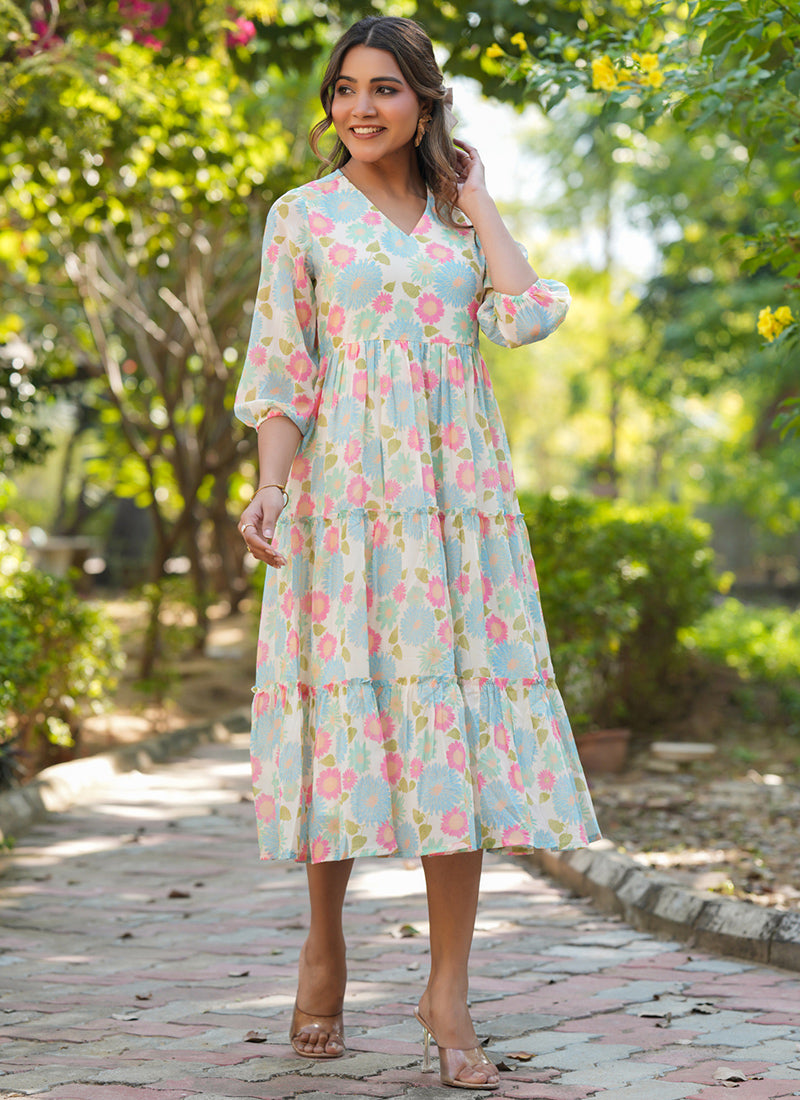 Cream Flower Printed Georgette Flair Midi Dress