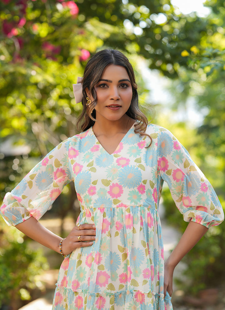 Cream Flower Printed Georgette Flair Midi Dress