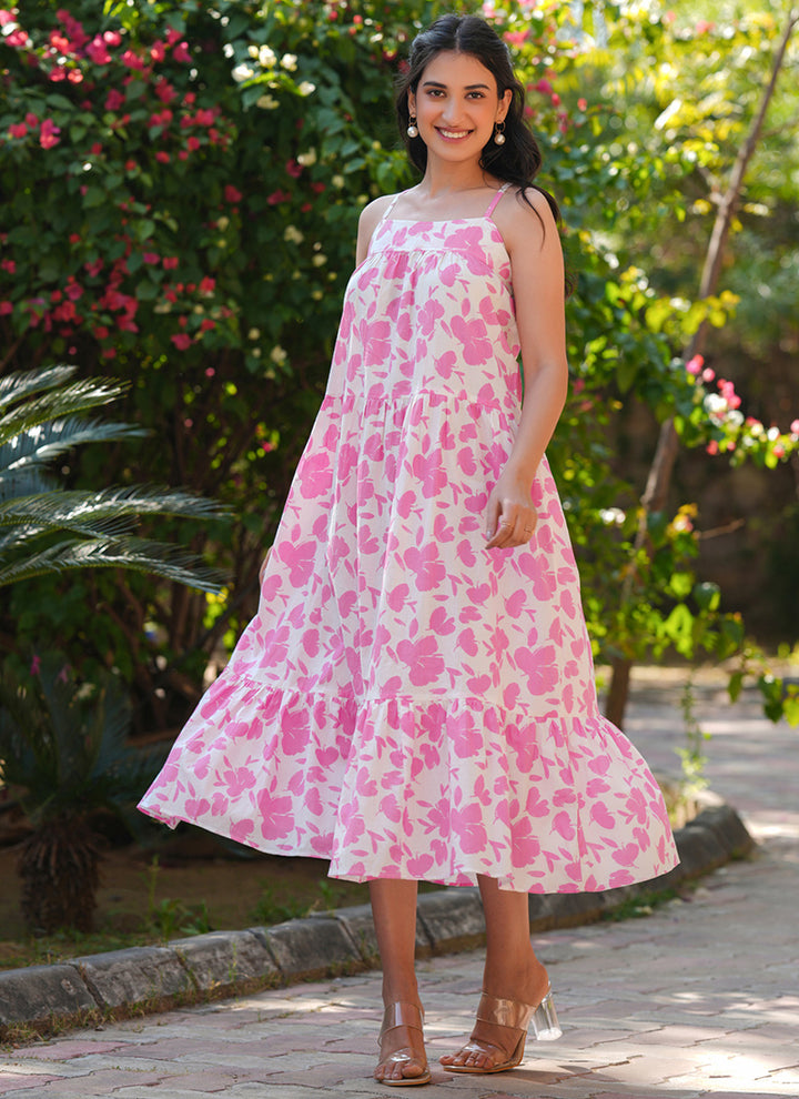 Pink Pure Cotton Flower Printed A-Line Midi Dress