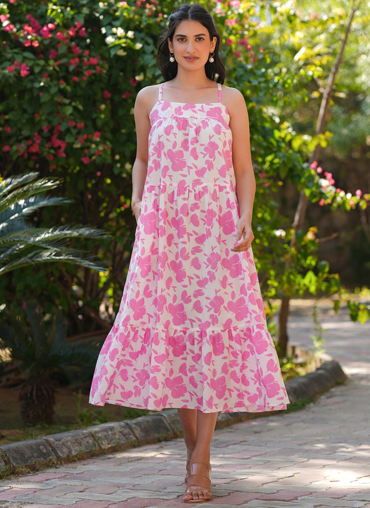 Pink Pure Cotton Flower Printed A-Line Midi Dress