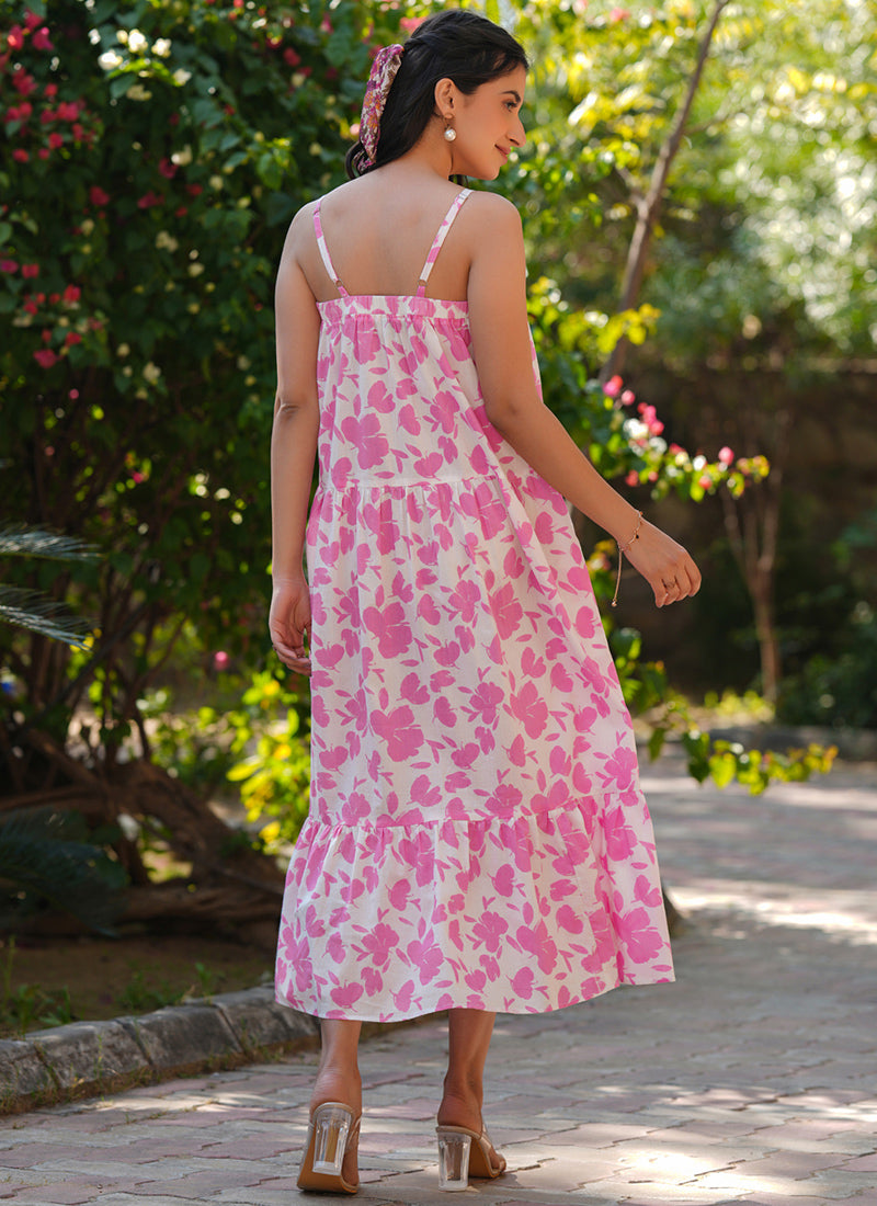 Pink Pure Cotton Flower Printed A-Line Midi Dress