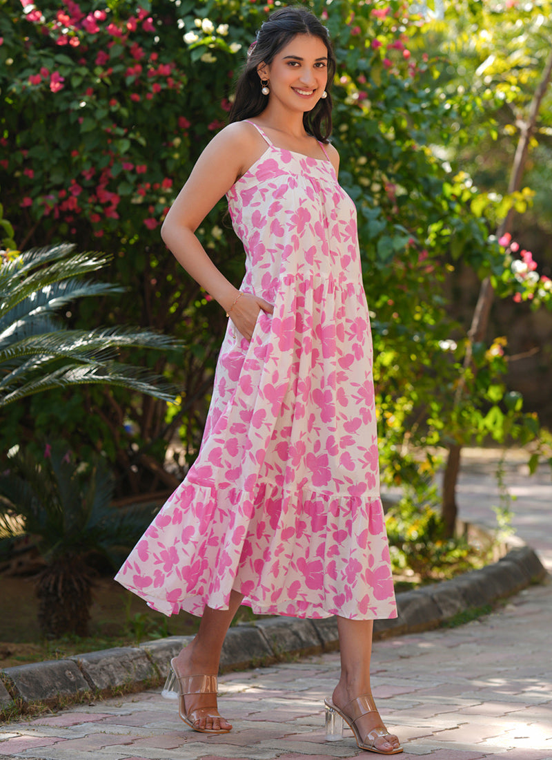 Pink Pure Cotton Flower Printed A-Line Midi Dress