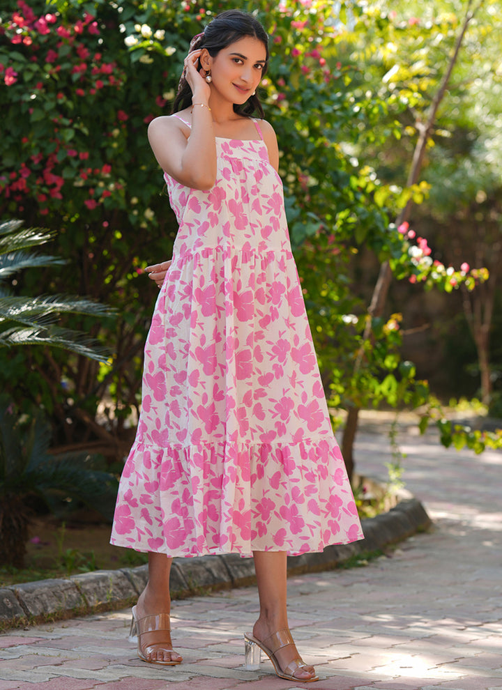 Pink Pure Cotton Flower Printed A-Line Midi Dress