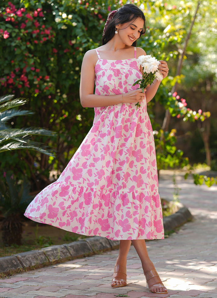 Pink Pure Cotton Flower Printed A-Line Midi Dress