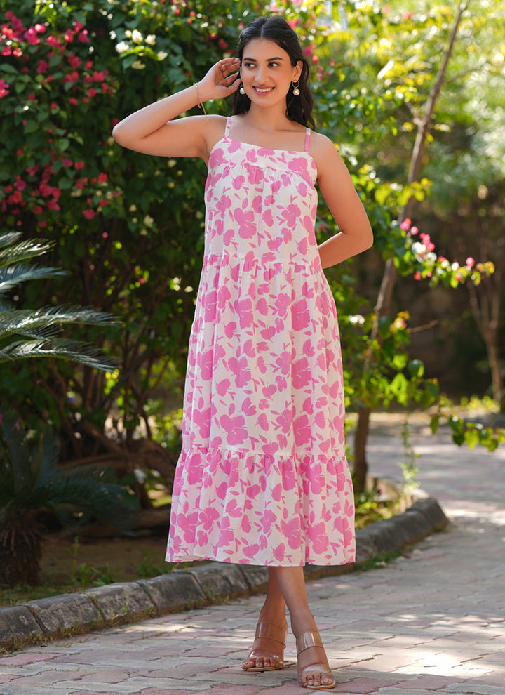 Pink Pure Cotton Flower Printed A-Line Midi Dress