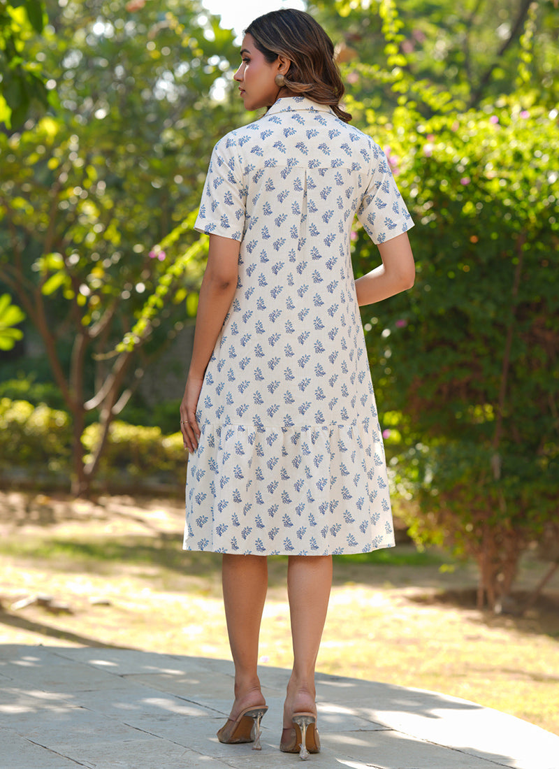 Off White Cotton Floral Printed Above Knee Midi Dress