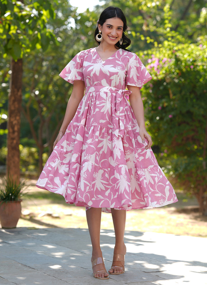Pink Pure Cotton Floral Printed A-Line Midi Dress