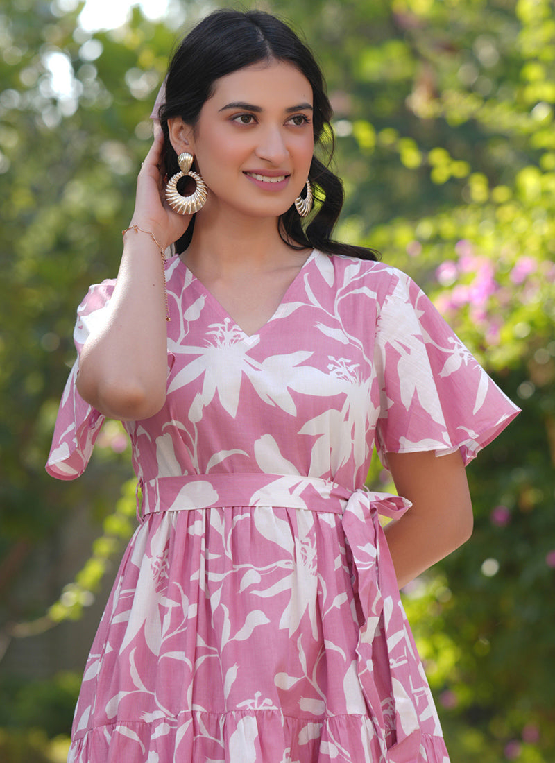 Pink Pure Cotton Floral Printed A-Line Midi Dress