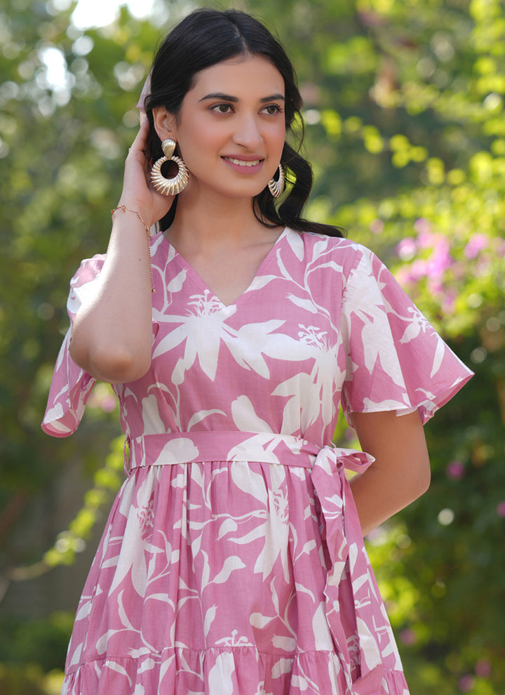 Pink Pure Cotton Floral Printed A-Line Midi Dress