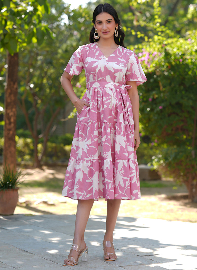 Pink Pure Cotton Floral Printed A-Line Midi Dress