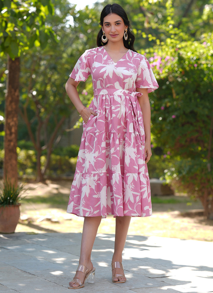 Pink Pure Cotton Floral Printed A-Line Midi Dress