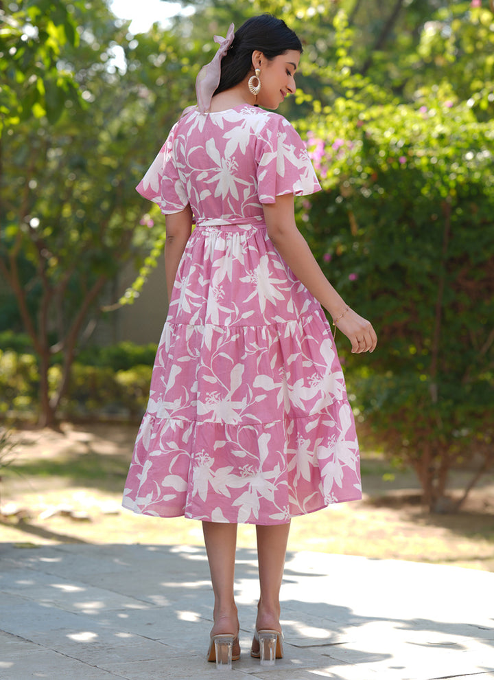Pink Pure Cotton Floral Printed A-Line Midi Dress