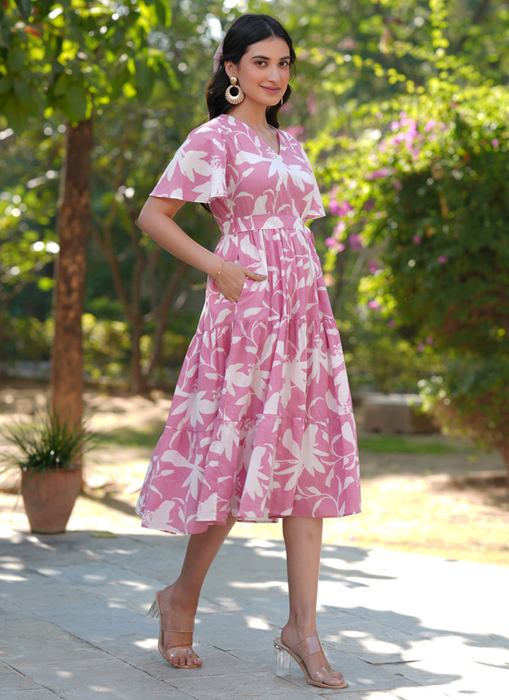 Pink Pure Cotton Floral Printed A-Line Midi Dress