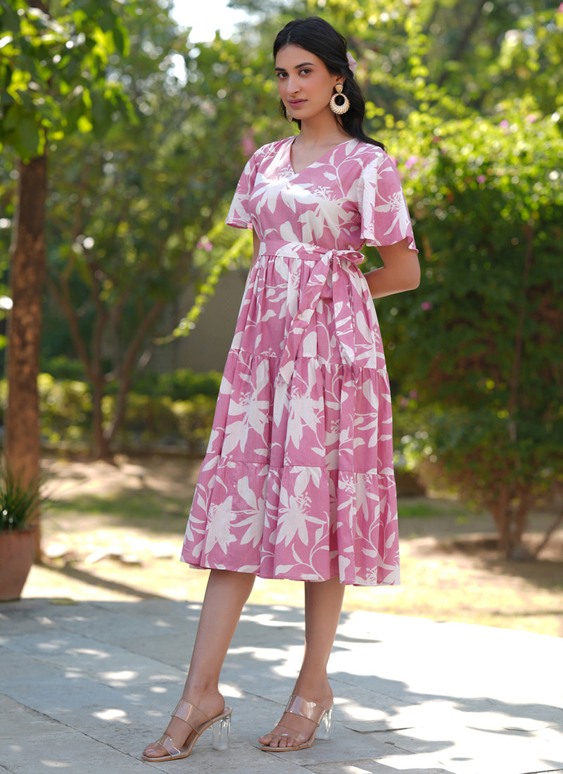 Pink Pure Cotton Floral Printed A-Line Midi Dress