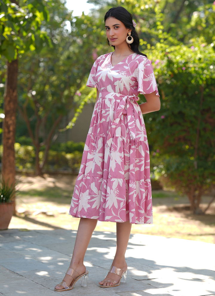 Pink Pure Cotton Floral Printed A-Line Midi Dress