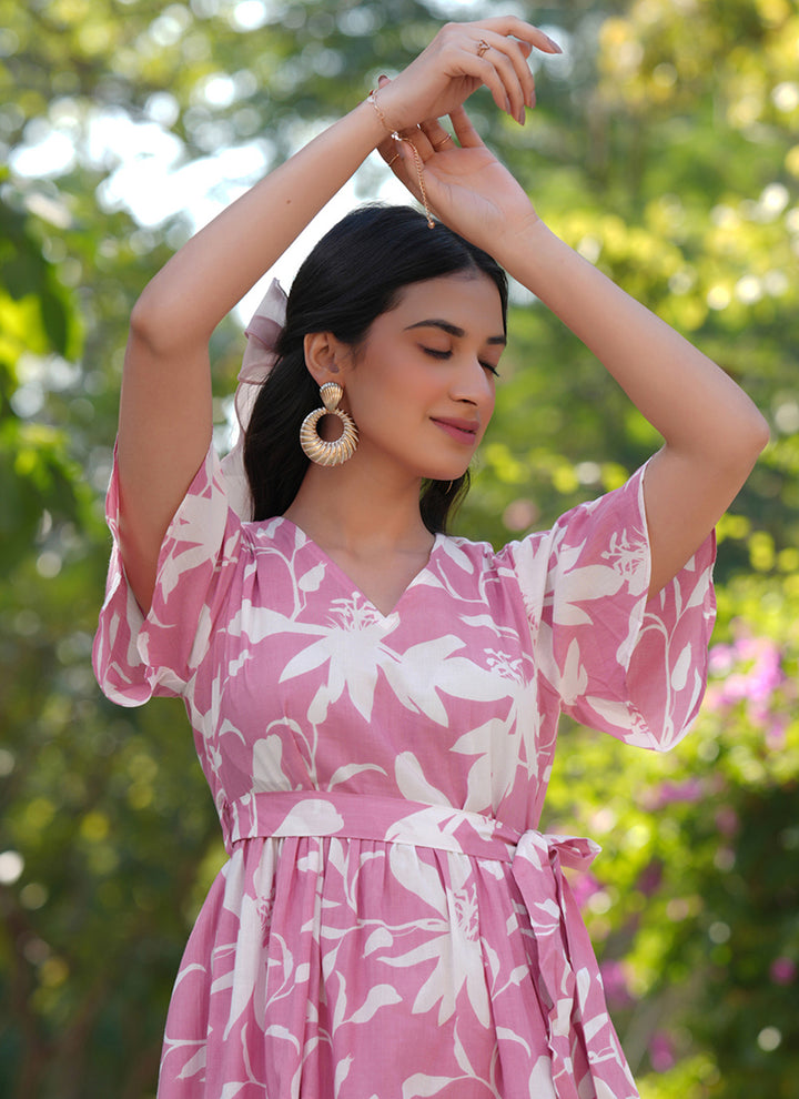 Pink Pure Cotton Floral Printed A-Line Midi Dress