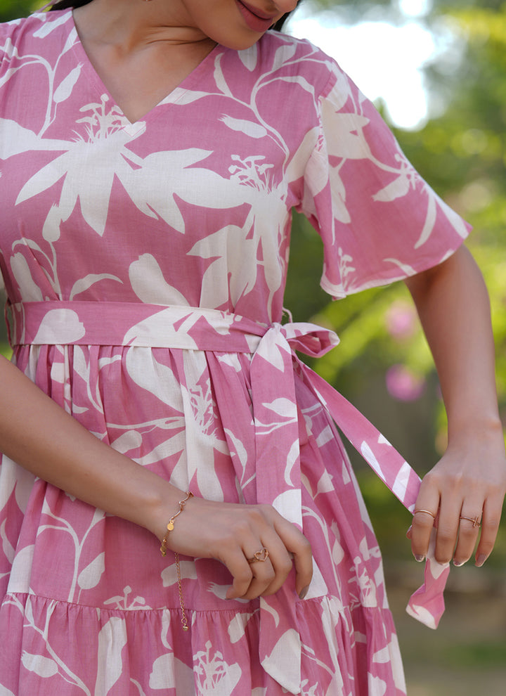 Pink Pure Cotton Floral Printed A-Line Midi Dress