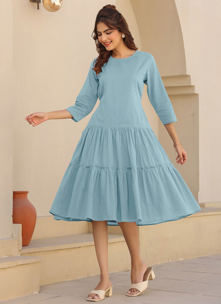 Light Blue Pure Cotton Solid A-Line Midi Dress