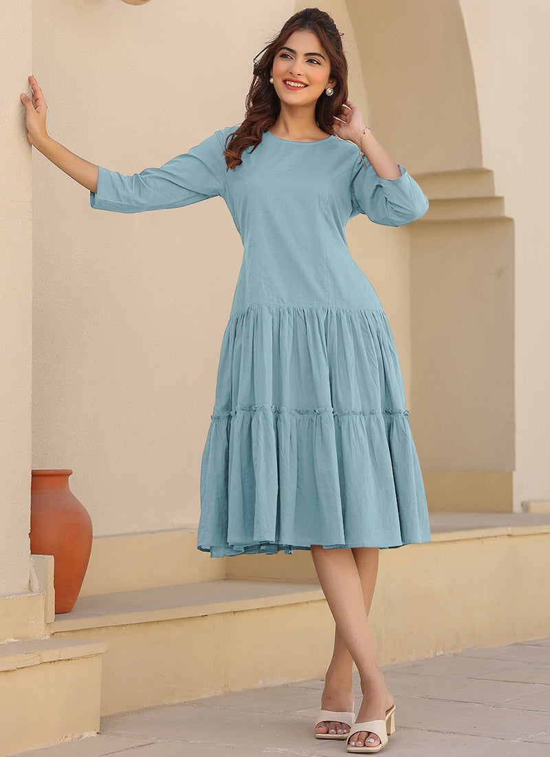 Light Blue Pure Cotton Solid A-Line Midi Dress