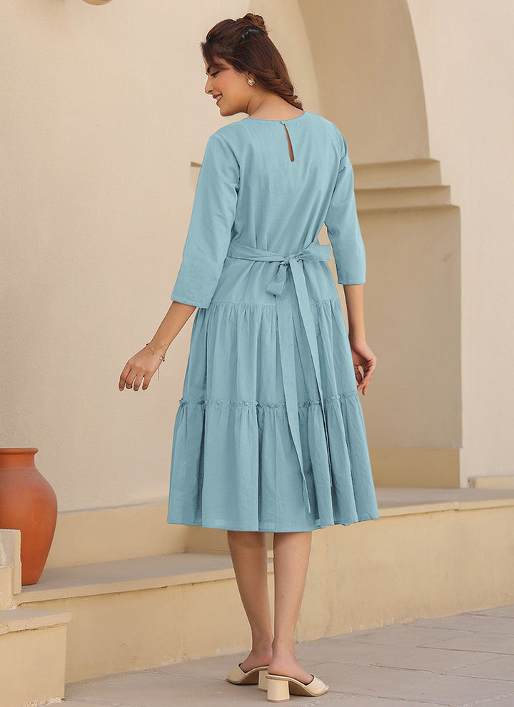 Light Blue Pure Cotton Solid A-Line Midi Dress