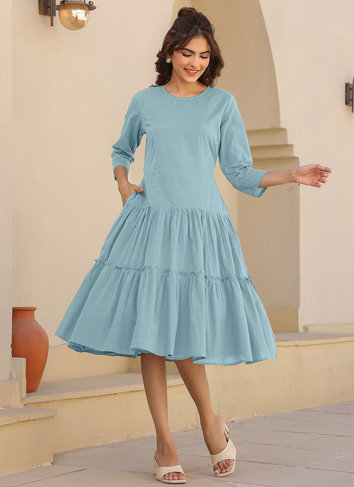 Light Blue Pure Cotton Solid A-Line Midi Dress