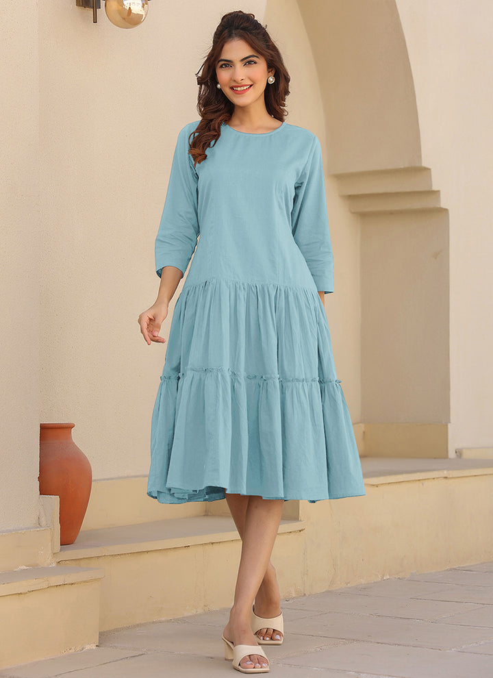 Light Blue Pure Cotton Solid A-Line Midi Dress