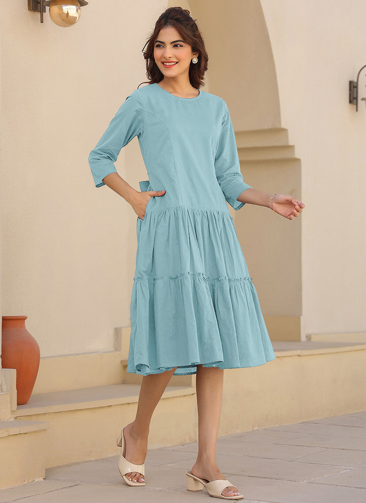 Light Blue Pure Cotton Solid A-Line Midi Dress
