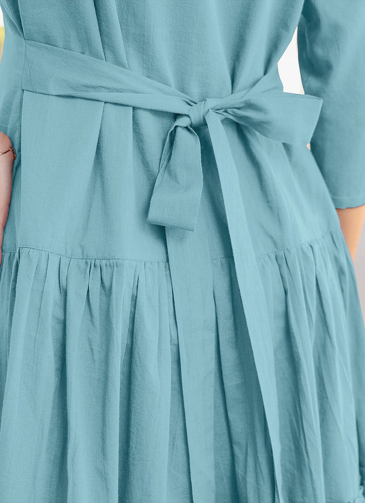 Light Blue Pure Cotton Solid A-Line Midi Dress