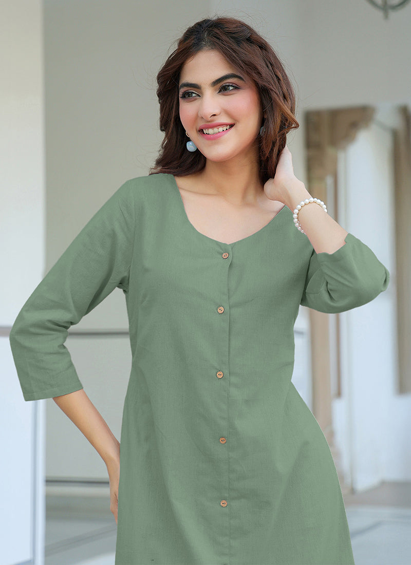 Green Pure Cotton Solid A-Line Midi Dress
