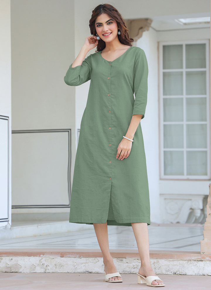 Green Pure Cotton Solid A-Line Midi Dress