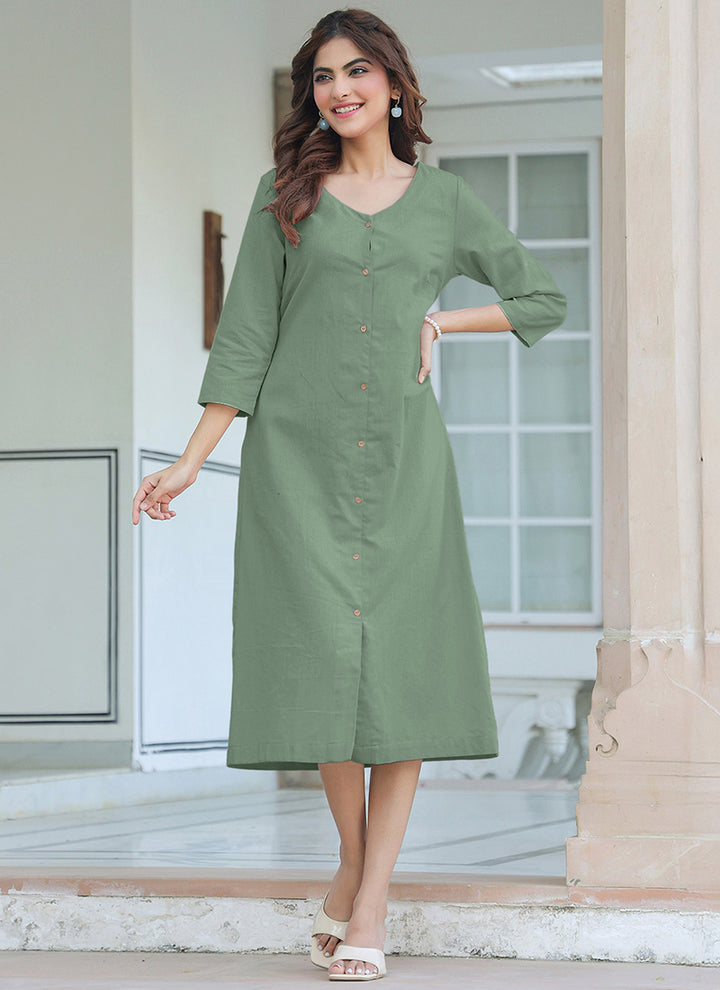 Green Pure Cotton Solid A-Line Midi Dress