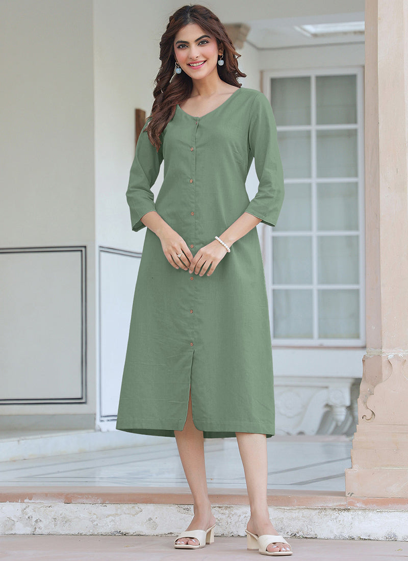 Green Pure Cotton Solid A-Line Midi Dress