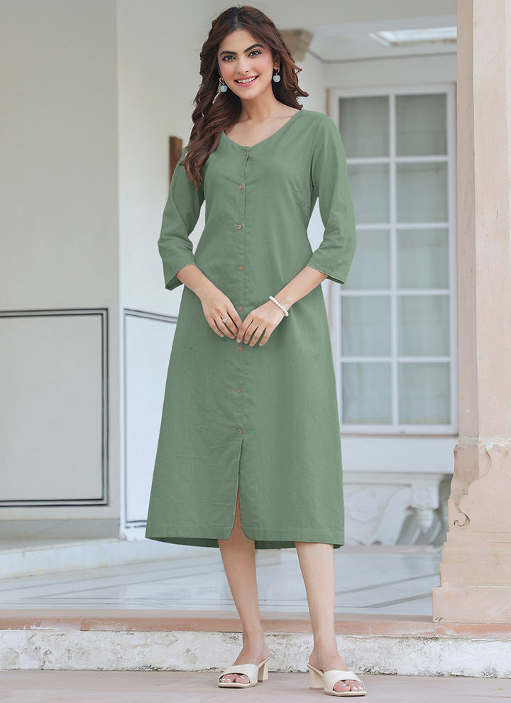 Green Pure Cotton Solid A-Line Midi Dress