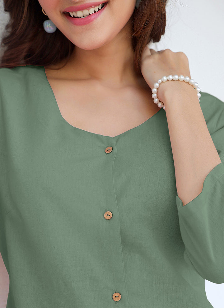 Green Pure Cotton Solid A-Line Midi Dress