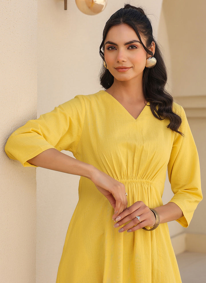 Yellow Color Cotton Plain Party Wear Midi Dress