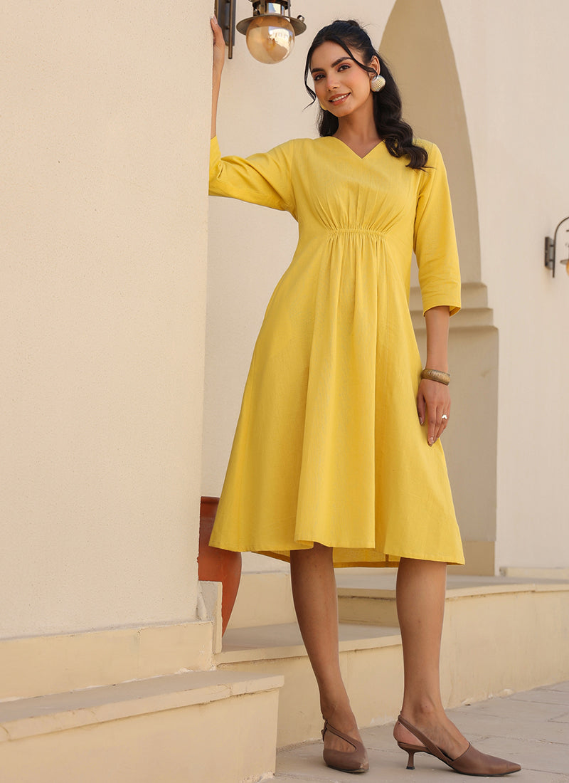 Yellow Color Cotton Plain Party Wear Midi Dress