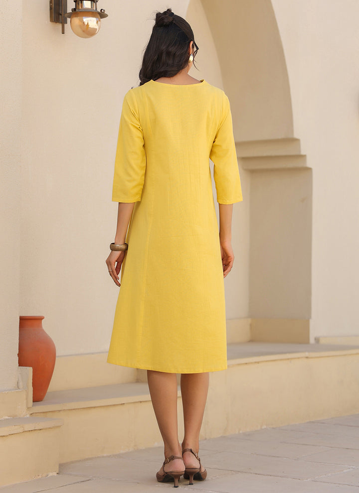 Yellow Color Cotton Plain Party Wear Midi Dress