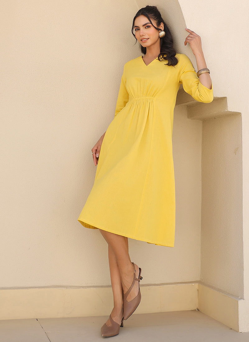 Yellow Color Cotton Plain Party Wear Midi Dress