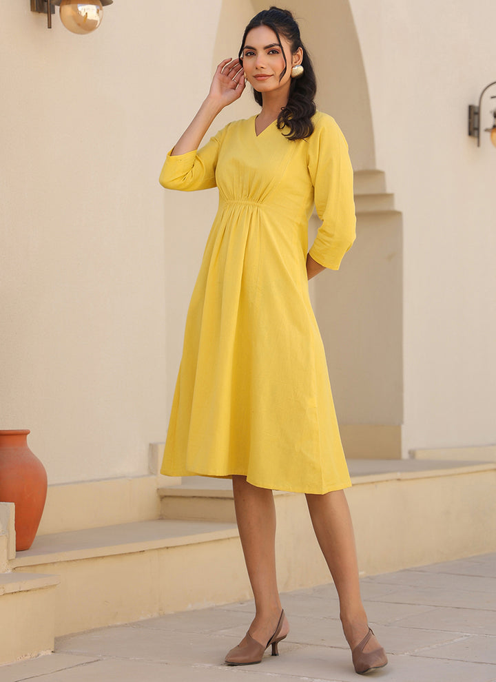 Yellow Color Cotton Plain Party Wear Midi Dress