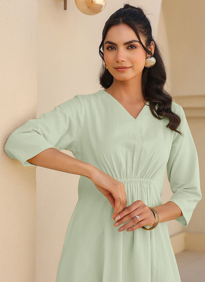 Mint Green Cotton Solid A-line Outwear Midi Dress