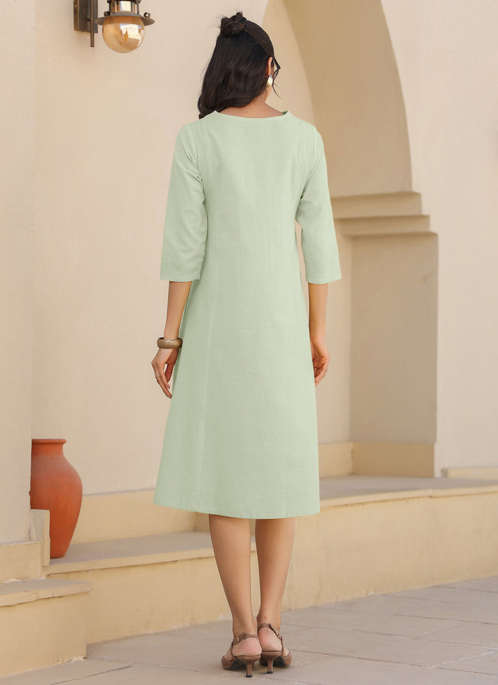 Mint Green Cotton Solid A-line Outwear Midi Dress
