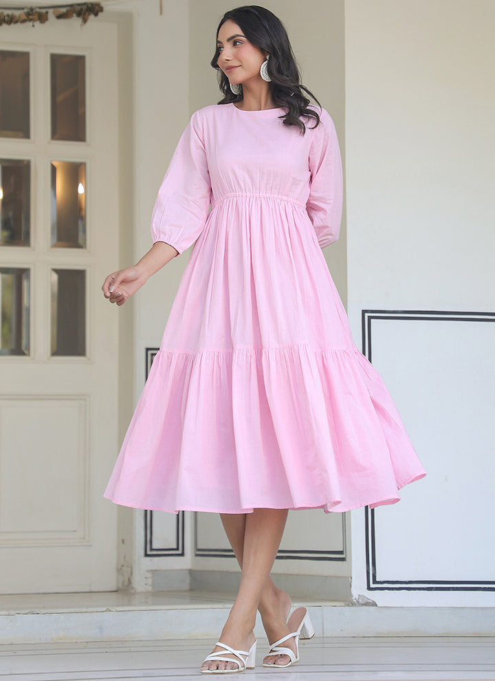 Light Pink Pure Cotton Solid Flair Midi Dress
