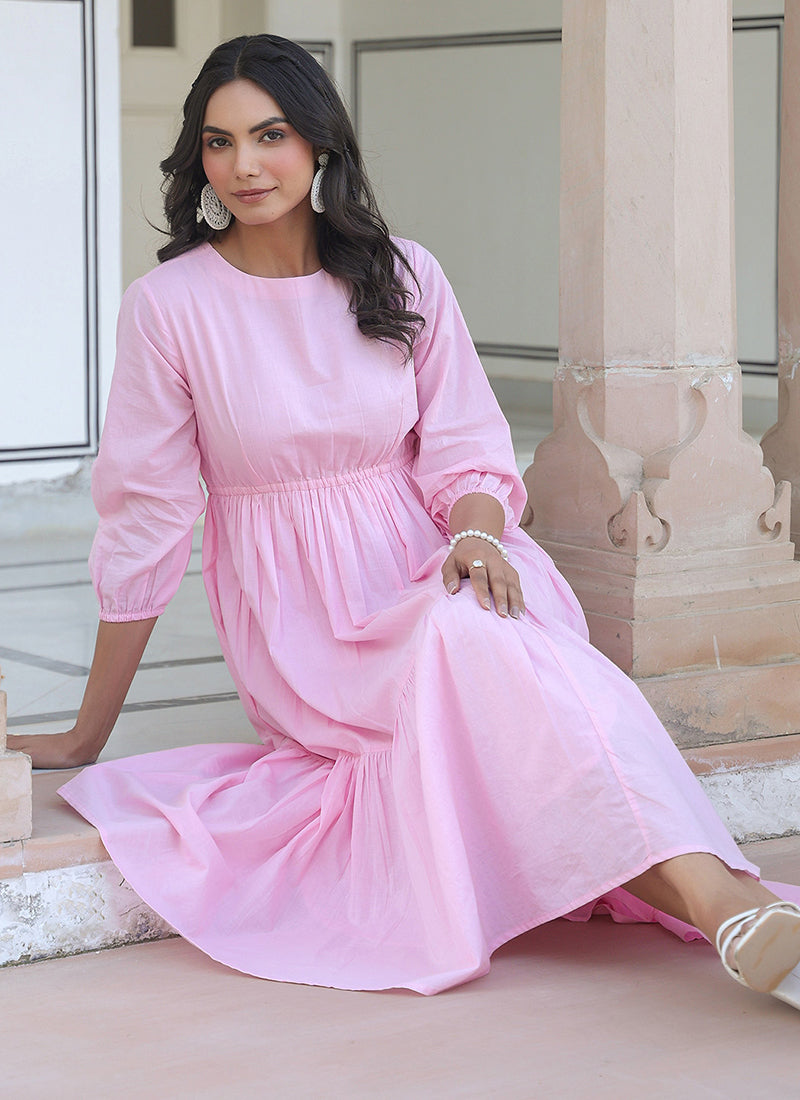 Light Pink Pure Cotton Solid Flair Midi Dress
