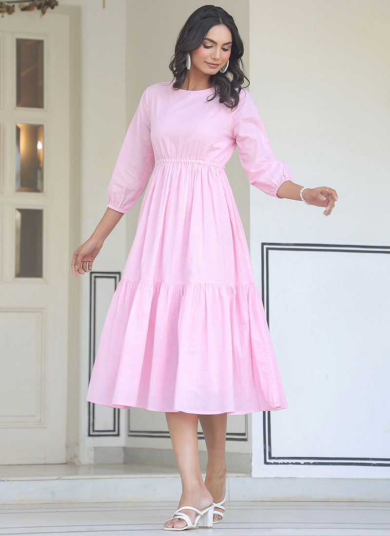 Light Pink Pure Cotton Solid Flair Midi Dress
