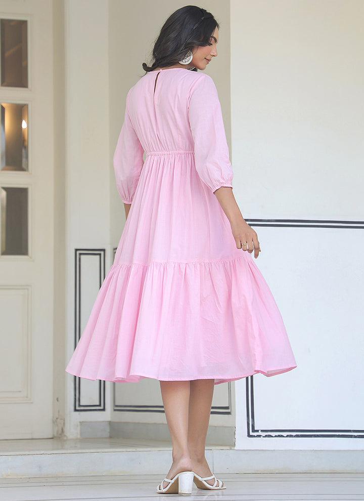 Light Pink Pure Cotton Solid Flair Midi Dress