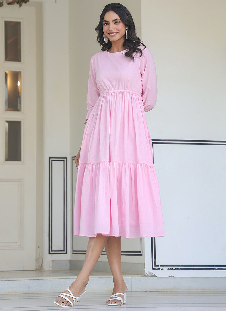 Light Pink Pure Cotton Solid Flair Midi Dress