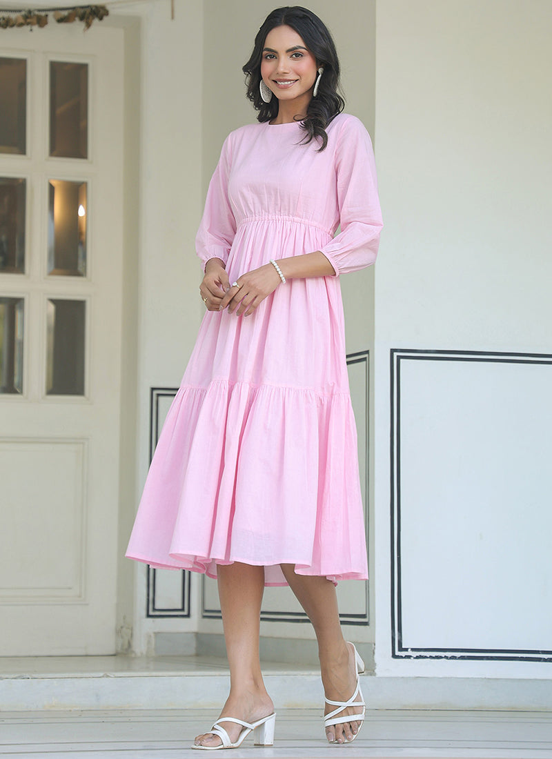 Light Pink Pure Cotton Solid Flair Midi Dress