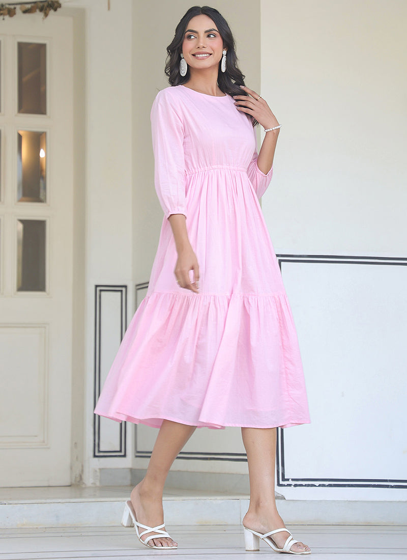 Light Pink Pure Cotton Solid Flair Midi Dress