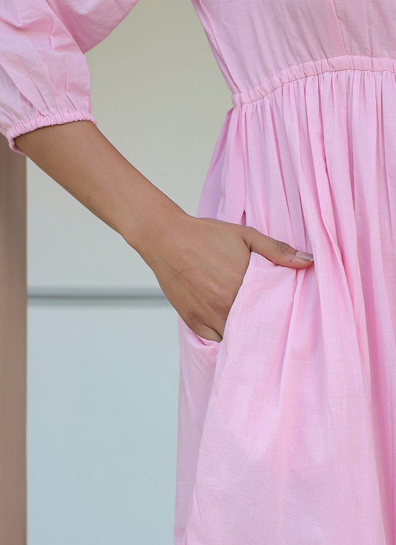 Light Pink Pure Cotton Solid Flair Midi Dress